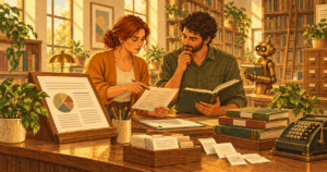 Editor and contributor reviewing a finance article brief and reference book while a robot librarian carries supporting sources.