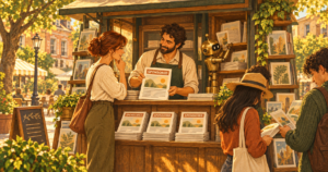 Publisher presenting a labelled sponsored article to a marketer while readers browse and a robot arranges publications.