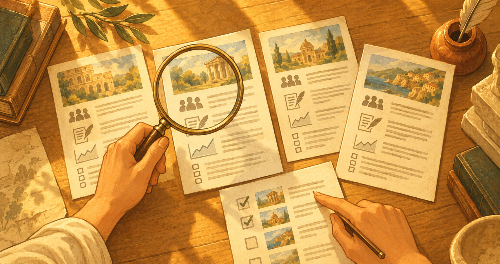 Hands examining publisher profiles with a magnifying glass and recording a shortlist on a sunlit wooden desk.