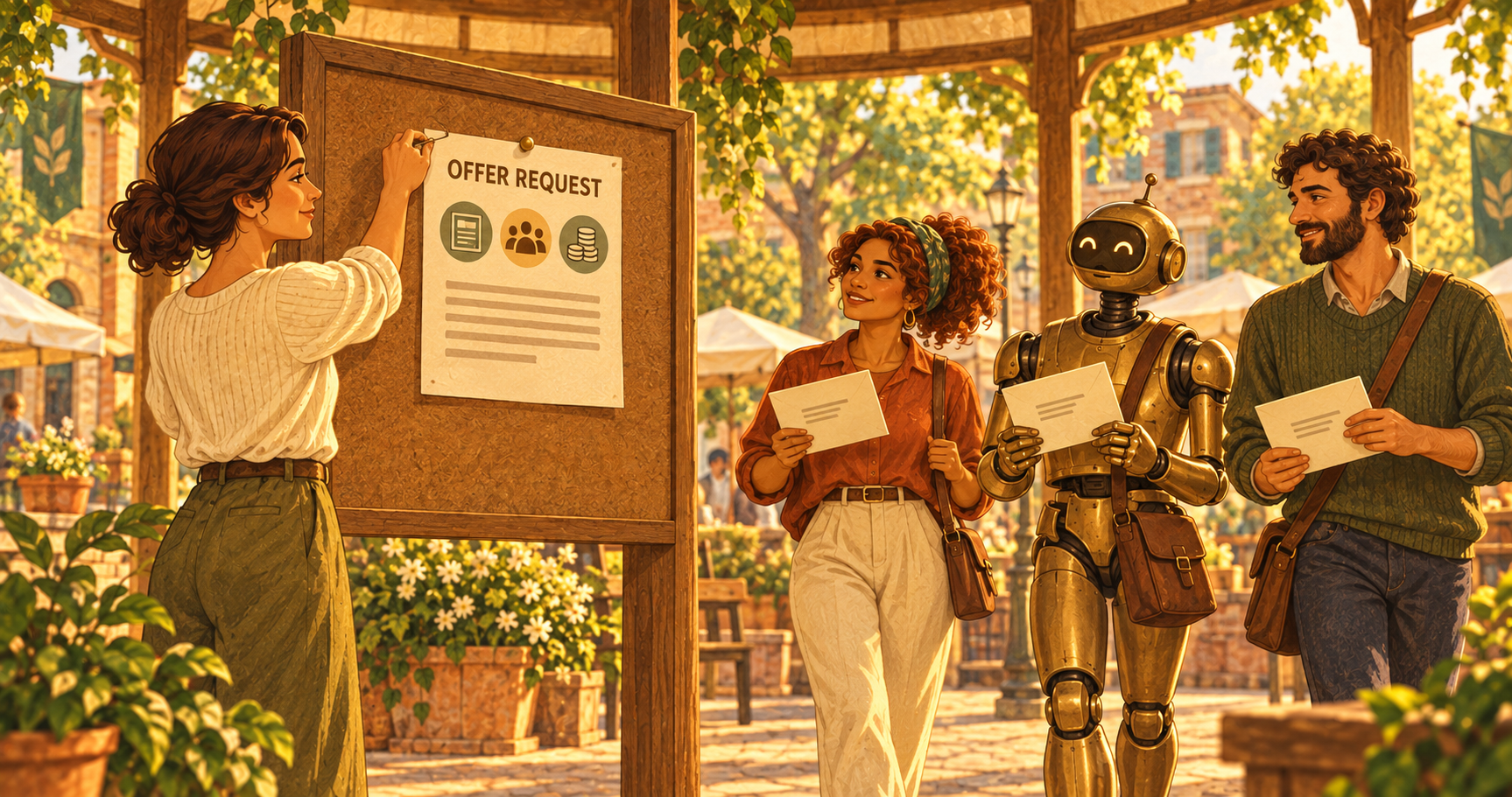 Marketer posting an Offer Request brief while publishers and a robot arrive with proposals.