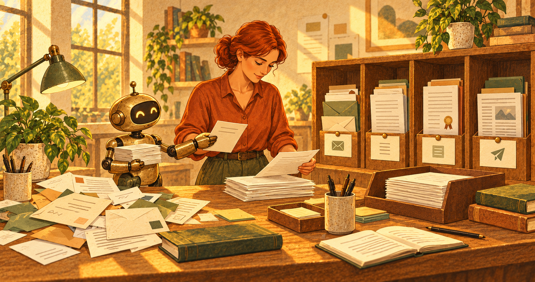 Publisher and robot assistant sorting enquiries and article documents into organized workflow compartments.
