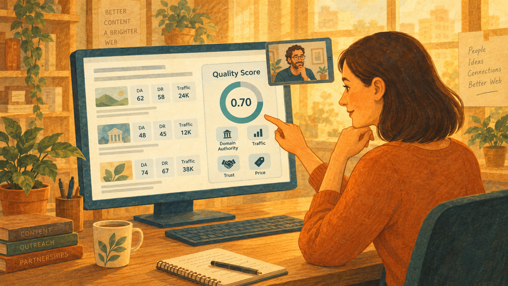 Marketer comparing DA, DR and traffic with Posticy Quality Score during a video call.