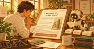 Editor reviewing a labelled advertorial while a robot assistant organizes supporting research cards.