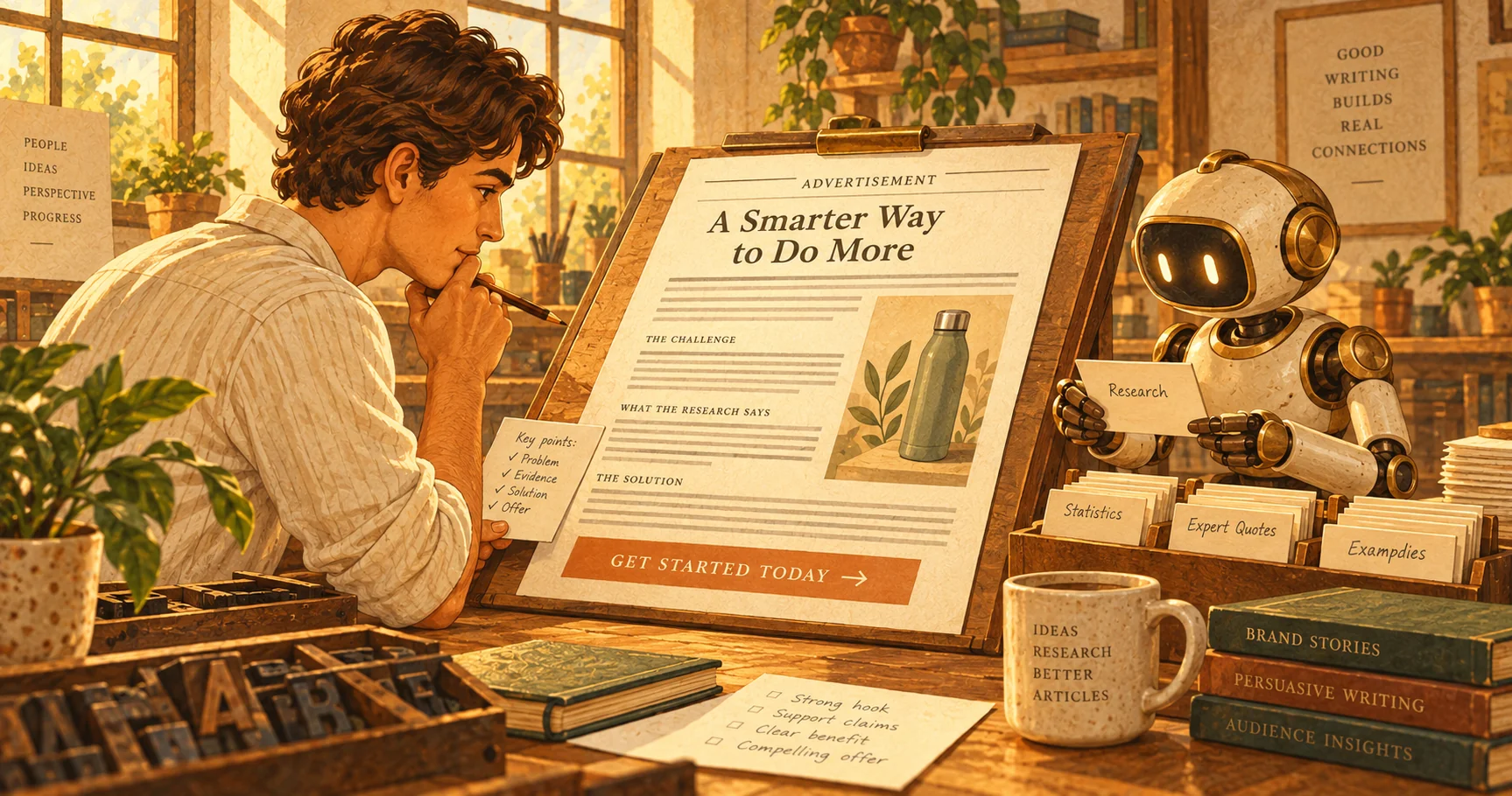 Editor reviewing a labelled advertorial while a robot assistant organizes supporting research cards.
