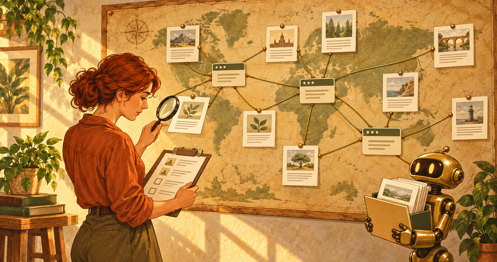 Researcher examining linked publication cards on a wall map while a robot holds candidate sources.