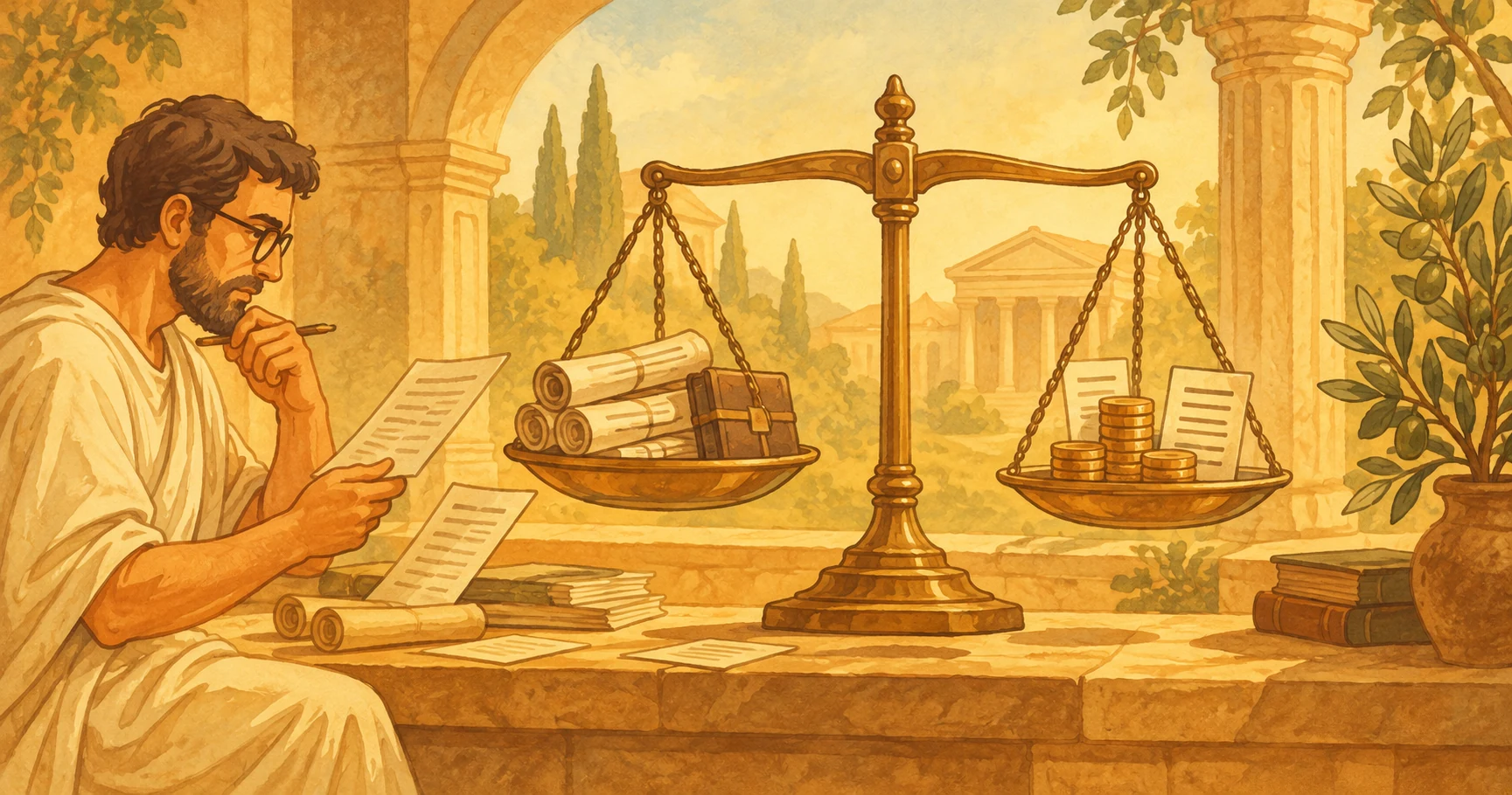 Analyst reviewing campaign records beside a brass scale balancing manuscripts against coins and sales receipts.