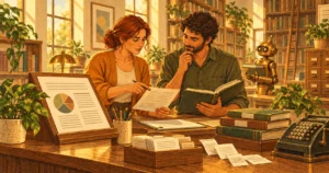 Editor and contributor reviewing a finance article brief and reference book while a robot librarian carries supporting sources.