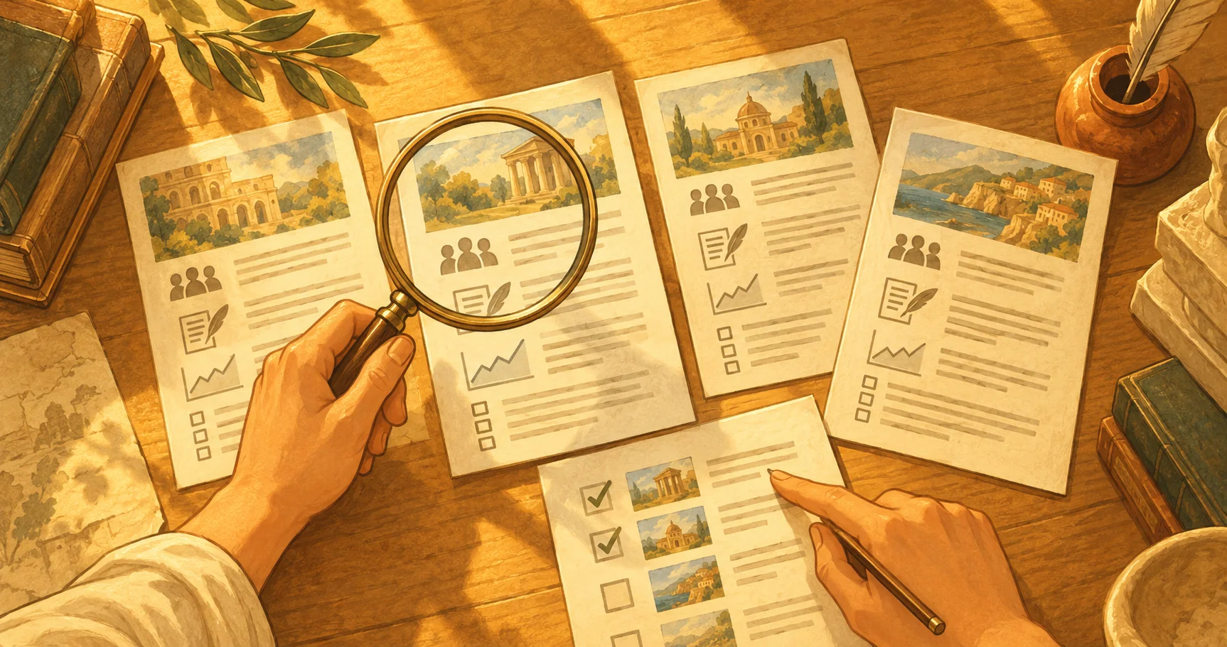 Hands examining publisher profiles with a magnifying glass and recording a shortlist on a sunlit wooden desk.