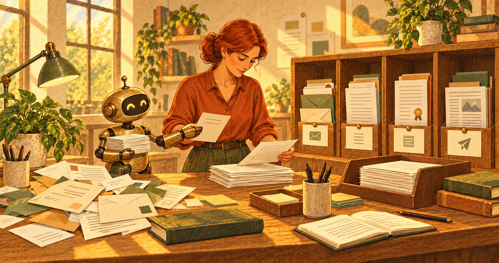 Publisher and robot assistant sorting enquiries and article documents into organized workflow compartments.