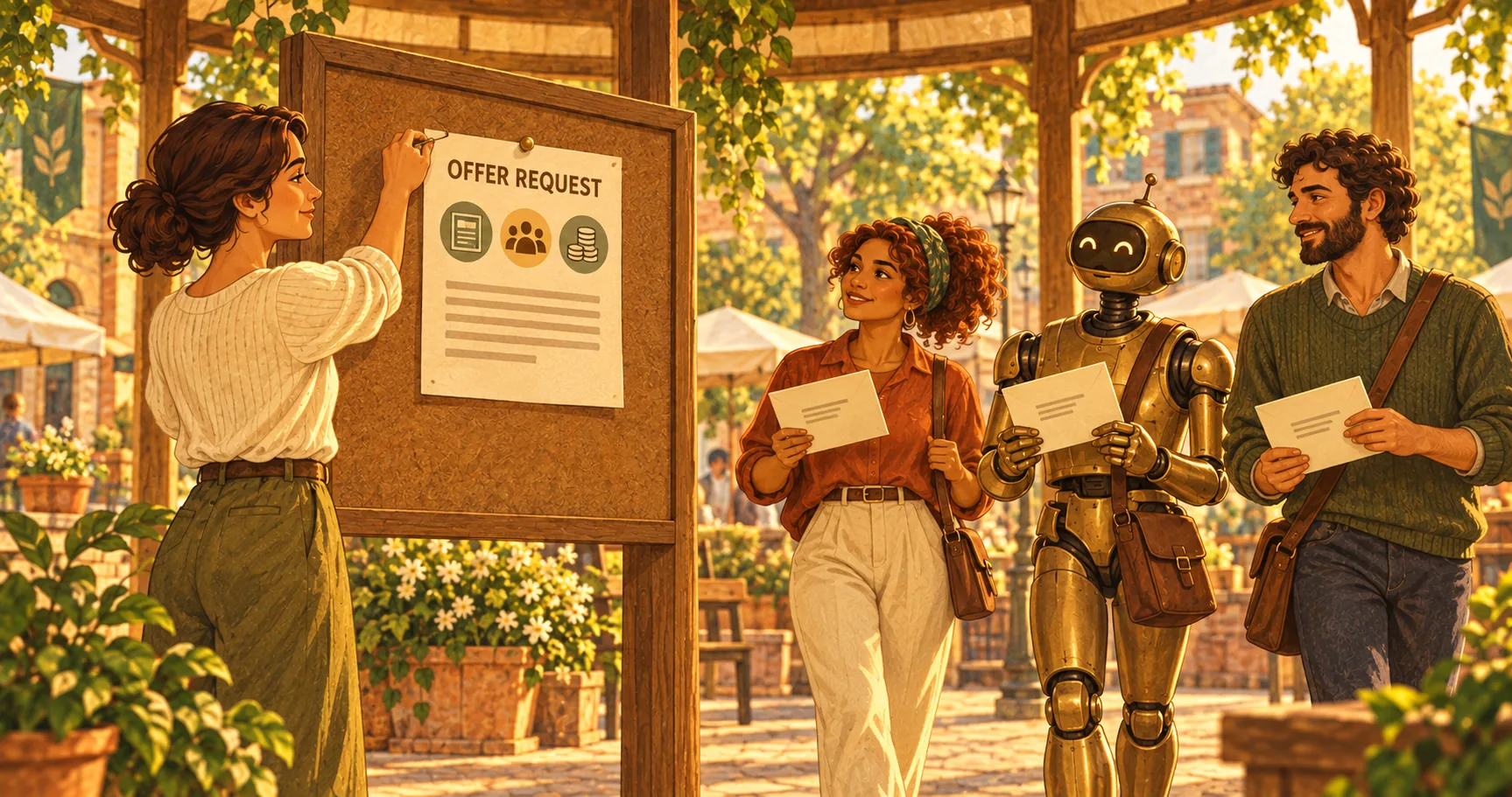 Marketer posting an Offer Request brief while publishers and a robot arrive with proposals.
